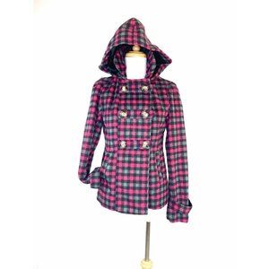 Pink Envelope Women’s Peacoat Hooded Plaid Double Breasted Look Jacket Small